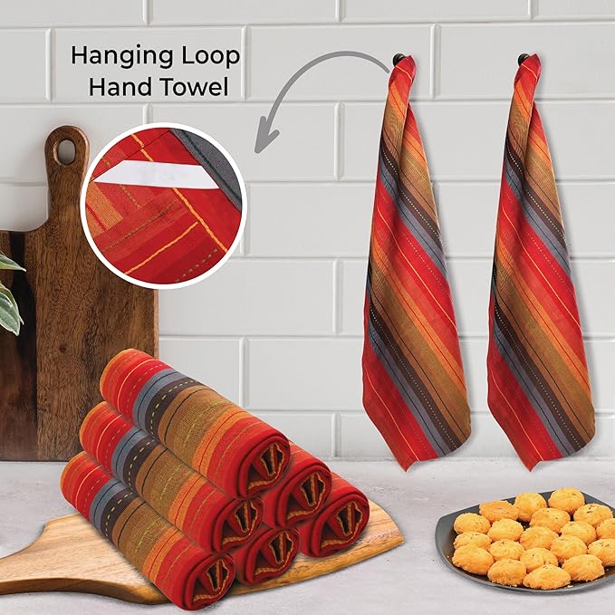 Urban Villa Kitchen Towels 100% Cotton Dish Towels for Kitchen (Set of 6) 20"x30" Highly Absorbent Kitchen Linen Set with Hanging Loop Dish Cloths Perfect for Drying Dishes Cleaning Towels - Red Multi