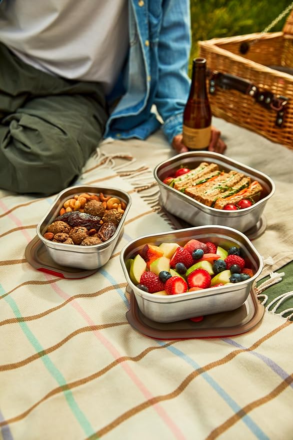 BLACK + BLUM Stainless Steel Microwave Safe Container Set | Mixed Set of 3 | Set of 600ml/900ml/1.2L, Leak Proof & Airtight, Durable & Reusable, Stackable Food Storage, Ideal for Meal Prep Batch Cooking