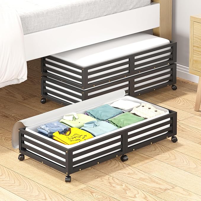 Wisuce 2 Packs Bamboo Under Bed Storage Organizer with Wheels Black Large | 360° Lockable Wheels,120lbs Load Capacity, Multi-scene ,Dustproof Clear Storage Bag, Large Capacity,Easy Quick Assembly