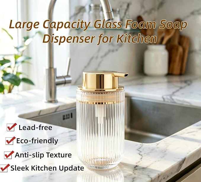 Glass Foaming Soap Dispenser Refillable Foaming Hand Soap Dispenser with Gold Large Pump Wide Opening for Bathroom Kitchen Countertop Modern Home Decor with Elegant Pattern - Clear,415ml