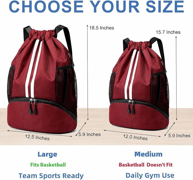 JELUTAR Drawstring Backpack Gym Bag with Shoes Compartment, Burgundy | Water-Resistant String Backpack for Soccer, Basketball, Swim, Beach Cinch for Women Men,18 L Large Capacity, Wet Pocket