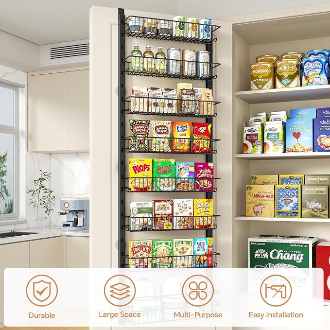 MIAOLI Over the Door Pantry Organizer, 10-Tier Adjustable Spice Rack Cabinet Door Shelves, Hanging Seasoning Organizer for Kitchen Bathroom, Laundry Room Organization, Black