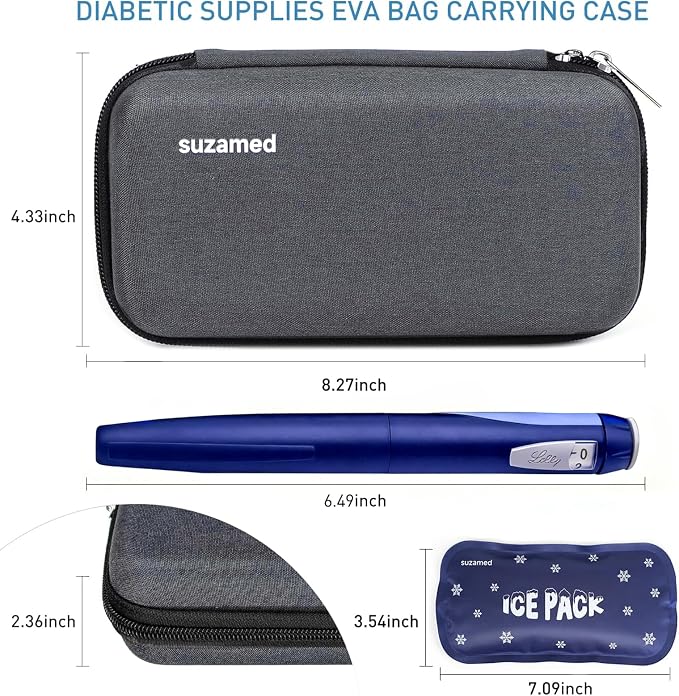 suzamed Insulin Cooler Travel Case,EVA Insulation Travel Medicine Kit with 2 Ice Packs for Diabetes Care,Insulin Pen and Other Diabetic Supplies (Dark gray)