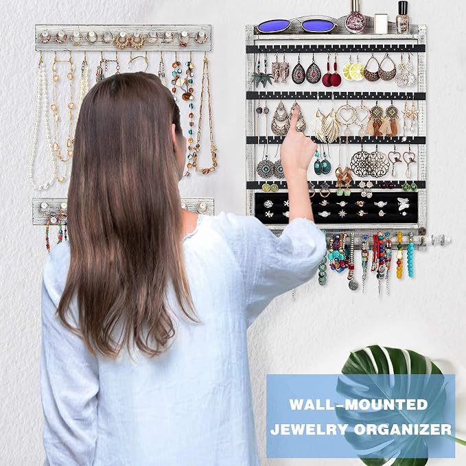Wall Jewelry Organizer,3Pcs Hanging Jewelry Organizer,Wooden Jewelry Holder | Rustic Wall Mounted Jewelry Organizer and Storage,Wall Jewelry Hanger for Home Jewelry Storage Display