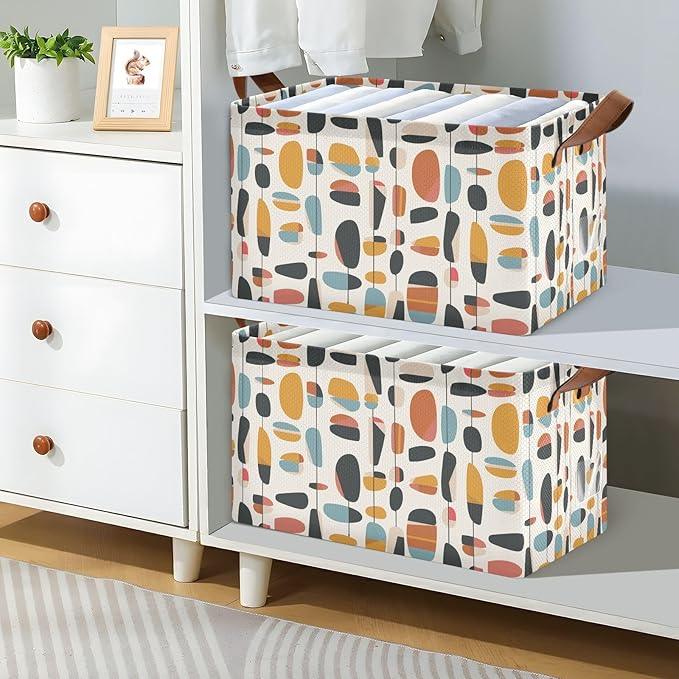 Geometric Mid Century Modern Storage Bins for Shelves with Labels&Handles Fabric Organizer Bin Foldable Rectangle Storage Basket Boxes for Closet, Bathroom, Home, Living Room, 2 Pack