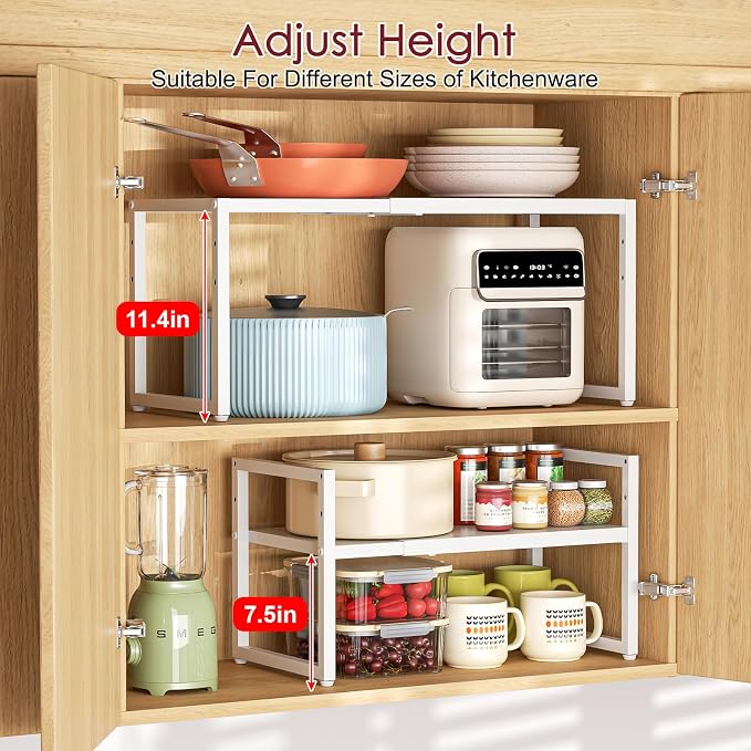 Expandable Kitchen Storage Shelves,100LBS Heavy Duty Metal Shelving Unit For Pot Pans Appliance,Adjustable White Small Shelf Rack Organizer For Kitchen Countertop Under Cabinet Closet Garage Pantry
