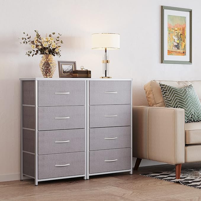 ODK Small Dresser for Bedroom with 4 Storage Drawers, Light Grey | Dresser Chest of Fabric Drawers with Sturdy Steel Frame for Small Space, Wood Top