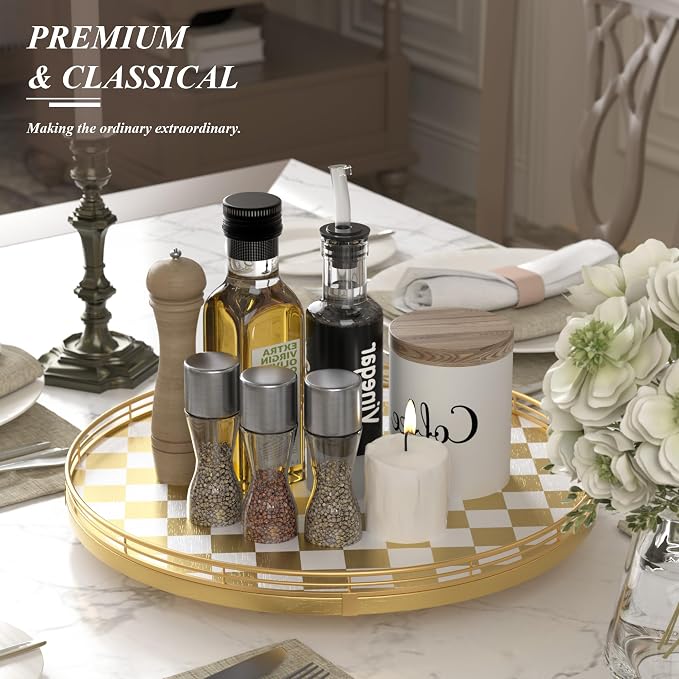 Premium Rubber Wood Lazy Susan Turntable, Glod White Checkerboard Decorative Serving Tray, Hand-Welded Metal Railing, Stable Rotating Organizer for Dining Table, Kitchen Counter, Coffee Table Decor