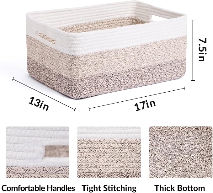 MiniArk Large Storage Baskets for Organizing, 17 x 13 x 7.5” Closet Shelf Baskets for Clothes Blanket Towels, Baby Nursery, Toy Bins Box, Woven Rope Baskets, 4 Packs Gradient Brown