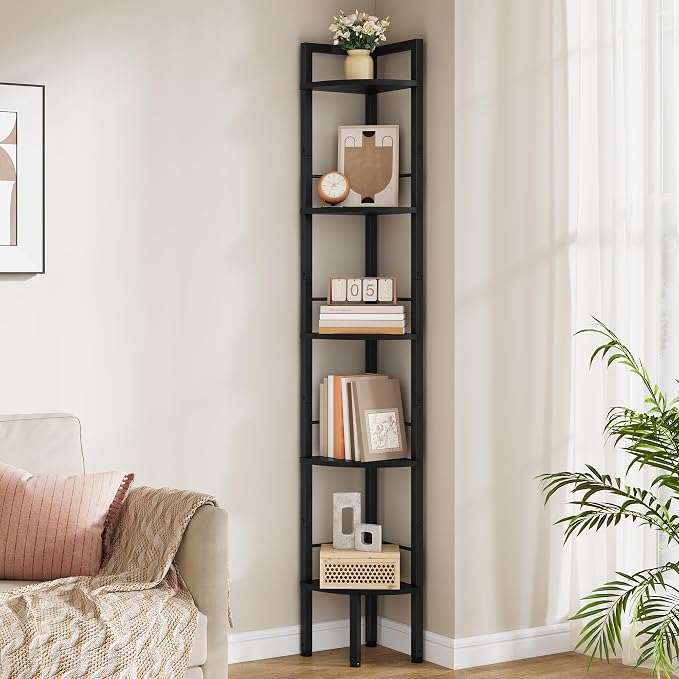 Tajsoon Narrow Corner Shelf Stand 5 Tier 60.5" Industrial Corner Ladder Shelves with Metal Frame, Multipurpose Tall Corner Bookshelf Bedroom, Living Room, Office, Kitchen, Black