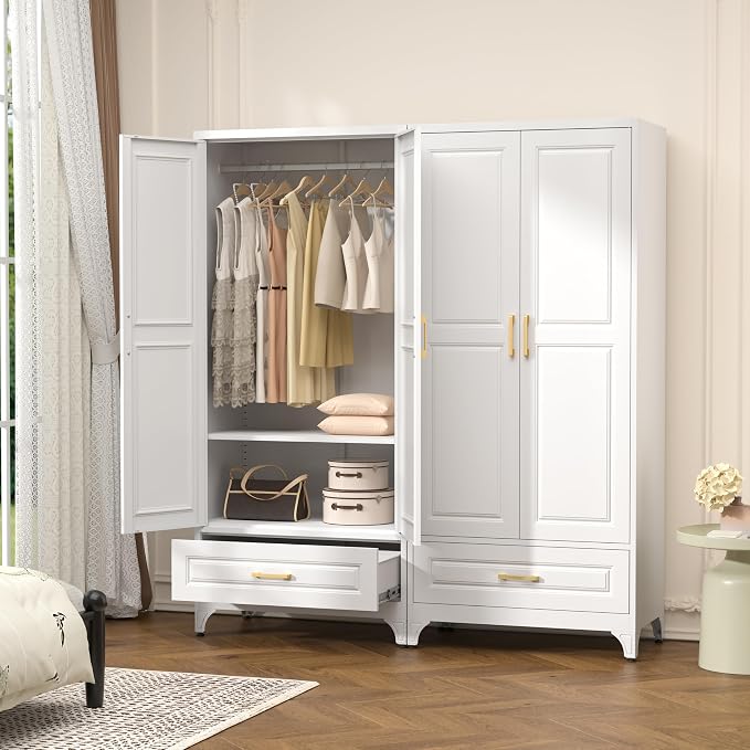 Polup Metal Wardrobe Closet with Doors and Shelves, 71" Tall Steel Armoire with Hanging Rod & Storage Drawer, Sturdy Freestanding Clothes Organizer for Bedroom, Office, Laundry Room, White