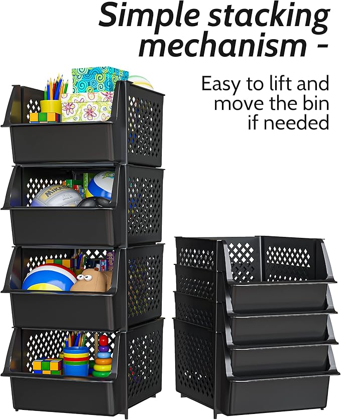TidyFriend Stackable Storage Bins for Pantry - 8 Pack Stackable Bins for Organizing Food, Kitchen, and Bathroom Essentials (Black)