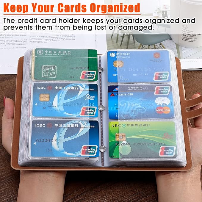 RFID Credit Card Holder, Leather Business Card Organizer with 96 Card Slots, Credit Card Case for Managing Your Different Cards and Important Documents to Prevent Loss or Damage (Khaki)