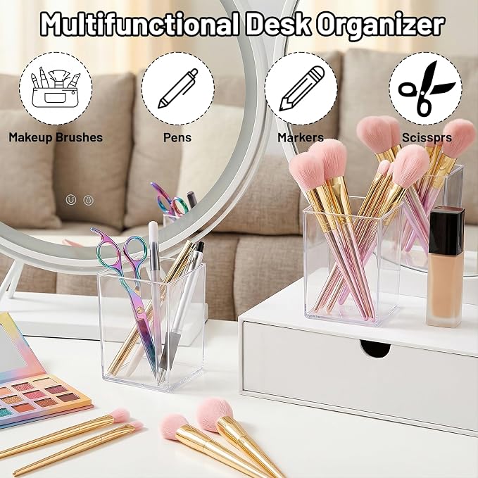 2 Pcs Pen Holder Acrylic Cylinder Container Stylish Clear Acrylic Desk Organizer Makeup Brush Storage Desktop Pencil Cup Clear Stationery Organizer for Home School Office Supplies Countertop
