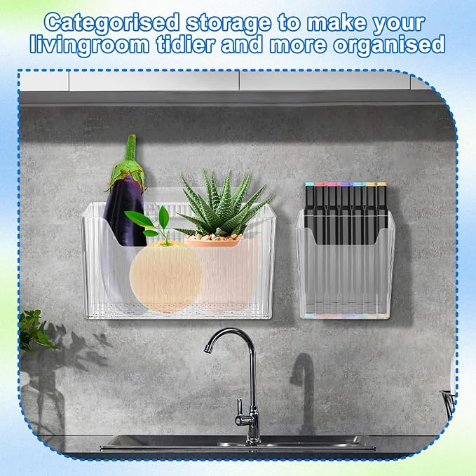 8 Pcs Storage Organizer Bins - Wall Mounted Basket in 2 Sizes, Clear Cabinet Door Stackable Adhesive Hanging Bin for Bathroom, Kitchen, Pantry