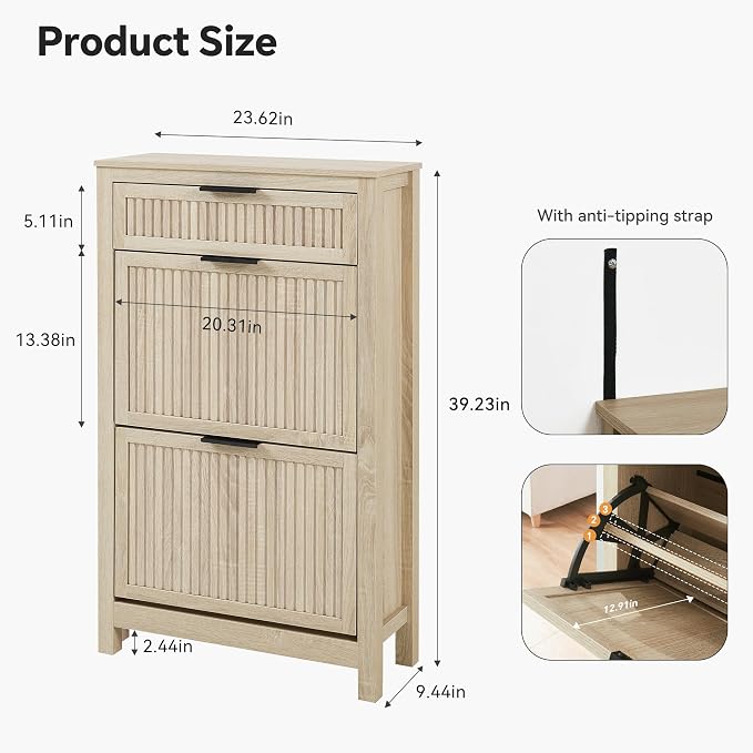 2 Flip Drawers Shoe Cabinet Storage for Entryway, Narrow Shoes Organizer Cabinet for Front Door Entrance, Hidden Wooden Hallway Shoe Rack(Oak)