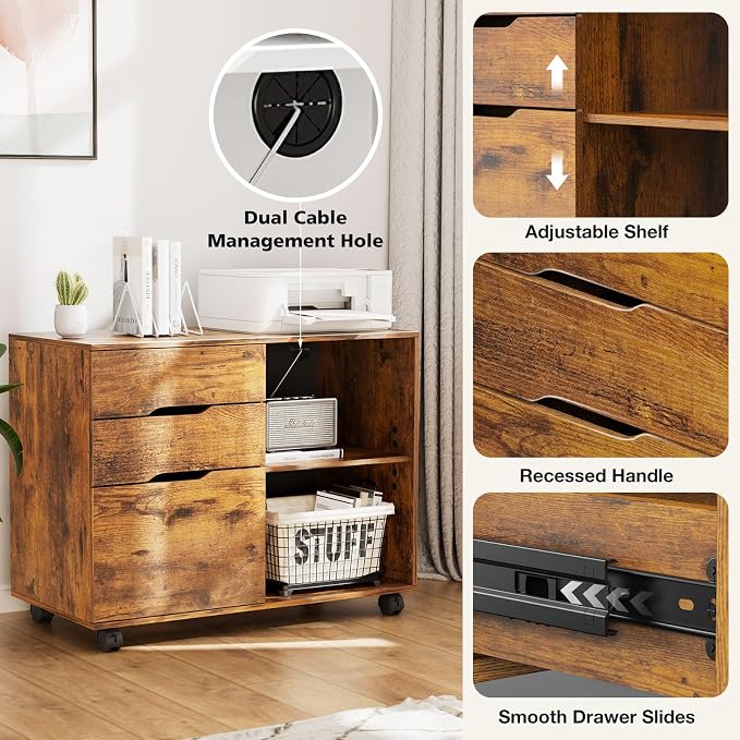 DUMOS File Cabinet with 3 Drawers, Wood Under Desk Storage Printer Stand | Rolling Lateral Filing Cabinet with Adjustable Shelves for Home Office Study Organization,Rustic