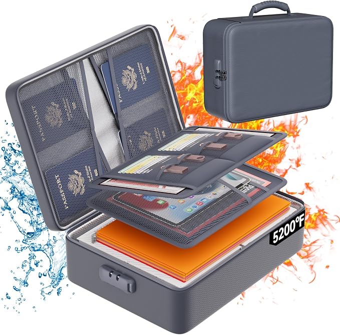 DocSafe 5200°F Fireproof Document Organizer Box with Lock, Gray (Soft) | Heat Insulated 8 Layers File Protection Bag,Water-Resistant Zipper,Portable Home Office Travel Safe Storage for Files,Laptop