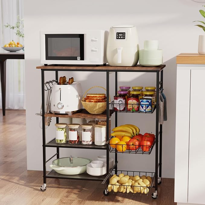 HapiRm Rolling Kitchen Microwave Cart - 4 Tier Microwave Table Stand with Pull-Out Baskets, Coffee Bar Baker's Rack with Wheels Rolling Storage Cart Organizer Shelf for Living Room Office, Balcony