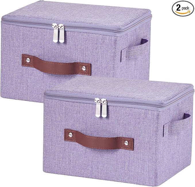2 Pack Storage Bins with Zipper Lid Cotton Linen Fabric Lidded Storage Baskets Boxes Foldable Washable Closet Shelf Clothes Organizer Container with PU Leather Handles (Purple, Small)
