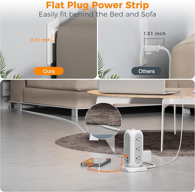 TESSAN Tower Power Strip Flat Plug with 1050J Surge Protection, 10 Ft, Grey | 11 Outlets 3 USB (1 USB C), Surge Protector Power Tower, Extension Cord with Multiple Outlets, Dorm, Office Desk Supplies