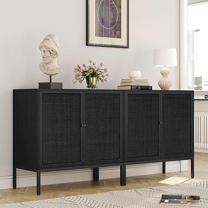 Yechen Black Rattan Buffet Cabinet with Storage, Sideboard Cabinet with Natural Rattan Decorated Doors, Accent Cane Credenza, Wooden Coffee Bar, for Living Room Entryway Kitchen, Metal Legs