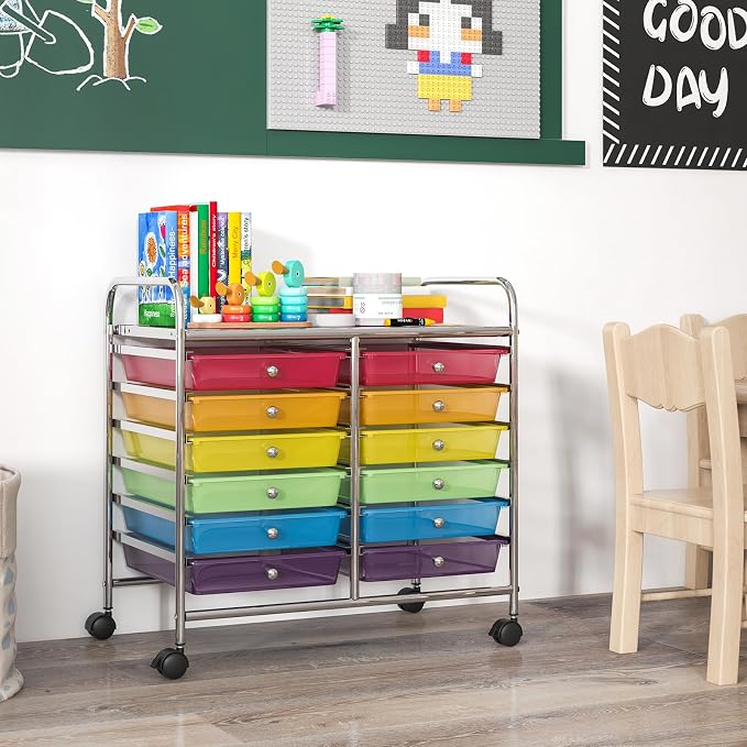 LDAILY 12 Drawer Rolling Storage Cart, Craft Cart Organizer on Wheels w/Metal Frame, Large Capacity & Smooth Drawer, Rolling Cart w/Drawers for Classroom, Office