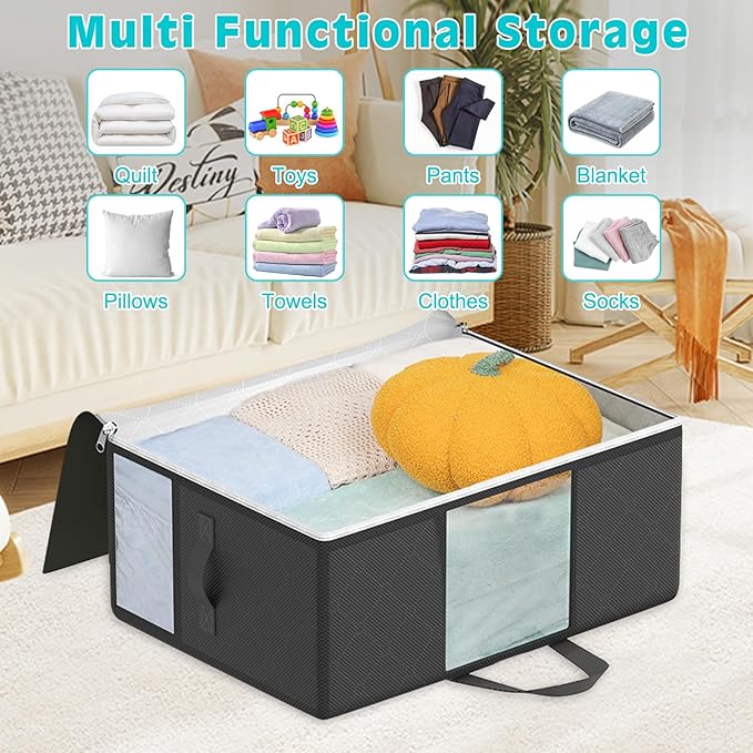 2 Pack 105L Extra Large Comforter Storage Bag, Foldable Bedding Storage Blanket Moving Bags for Clothes Pillows Sweater Dorm, Linen Closet Organizers with 4 Handles & 3 Clear Windows, Black