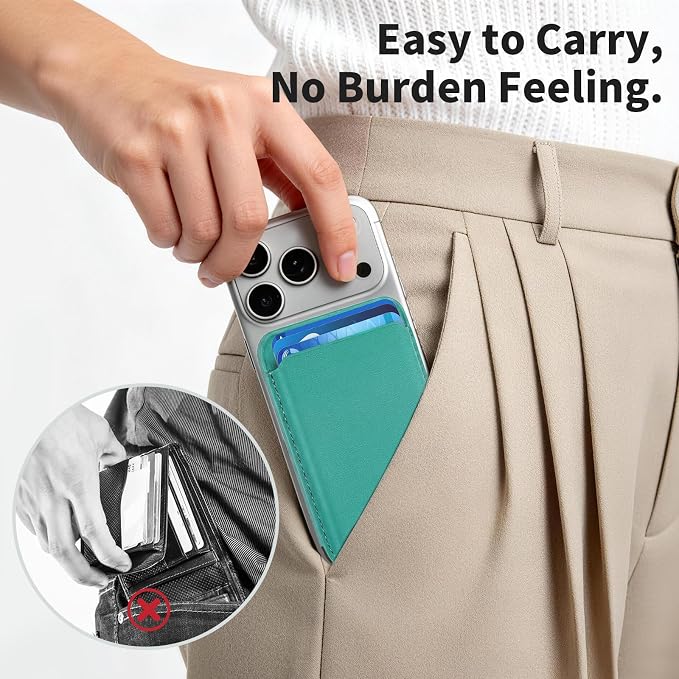 Magnetic Wallet Phone Card Holder for Phone Case with Mag-Safe, Stronger Magnetic RFID Leather Phone Wallet Stick on Series of iPhone 17/16/15/14/13/12 and Pro/Promax, Turquoise