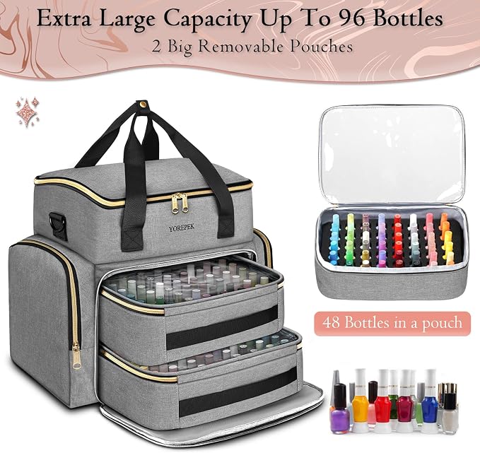 YOREPEK XL Nail Polish Organizer Case for 96 to 100+ Bottles, Urban Mist | Nail Polish Holder with Support Board for Easy Access, Gel Nail Kit Bag For Manicure Tools, Nail Stuff, Travel, kit de uñas