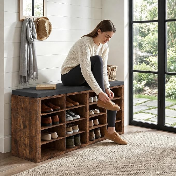 Shoe Storage Bench with Cushion Shoe Rack for Entryway 16 Cubby Multifunctional Organizer Bench Entryway with Soft Sponge Cushion for Hallway Living Room Bedroom (Rustic Brown & Dark Gray)
