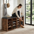Shoe Storage Bench with Cushion Shoe Rack for Entryway 16 Cubby Multifunctional Organizer Bench Entryway with Soft Sponge Cushion for Hallway Living Room Bedroom (Rustic Brown & Dark Gray)