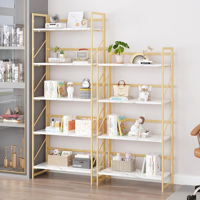 JSB 4 Tier No Assembly Folding Bookshelf, Foldable Storage Bookcase for Home Office, Space-Saving Storage Shelf for Living Room, Bedroom, Office (White&Gold)