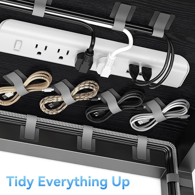 100Pcs per Pack，Hook and Loop Cable Ties, Self Adhesive Cable Straps, Reusable Adjustable Cord Organizer for Desk, Under Desk Cable Management, Home & Office Essentials, Grey