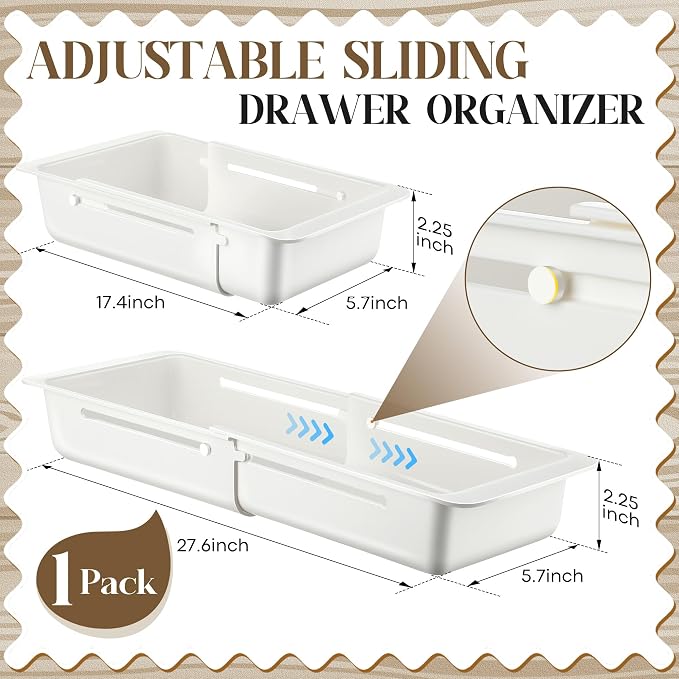 1 Pack Deep Drawer Organizer Adjustable Storage Bin(17.4-27.6") | Adjustable Width Design, Maximize Drawer Storage, Kitchen & Home Organization Solution