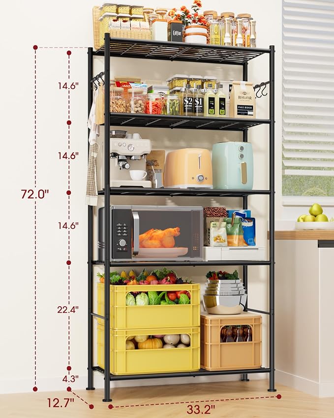 Sakugi Storage Shelves - 5-Tier Spacious Shelf Organizer with Hooks & Leveling Feet, Easy to Assemble, Rust-Resistant Garage Shelving for Kitchen, Pantry, Bedroom, 33.2" x 12.7" x 71.7", Black