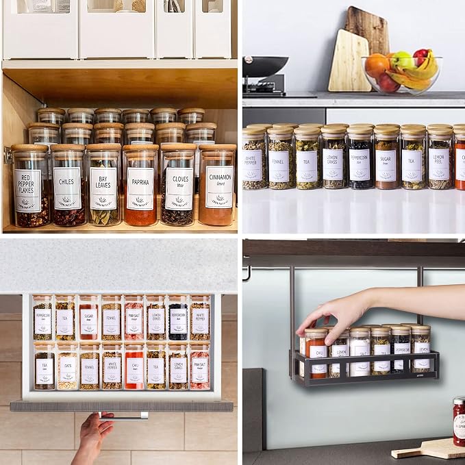 Churboro 24 Pack 4oz Glass Spice Jars with Bamboo Lids, 400 Labels | Empty Spice Bottles with Labels, Airtight Wood Lids, Funnel & Chalk Pen. Keep Seasoning Containers Neat and Organized