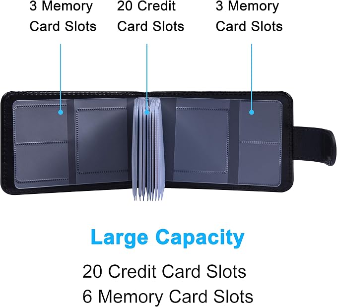 Wisdompro Slim PU Leather Credit Card Holder, Horizontal Black | RFID Blocking Wallet Debit Card Protector, Organizer Case, Card Case, 20 Card & 7 Memory Card Slots, with Magnetic Closure