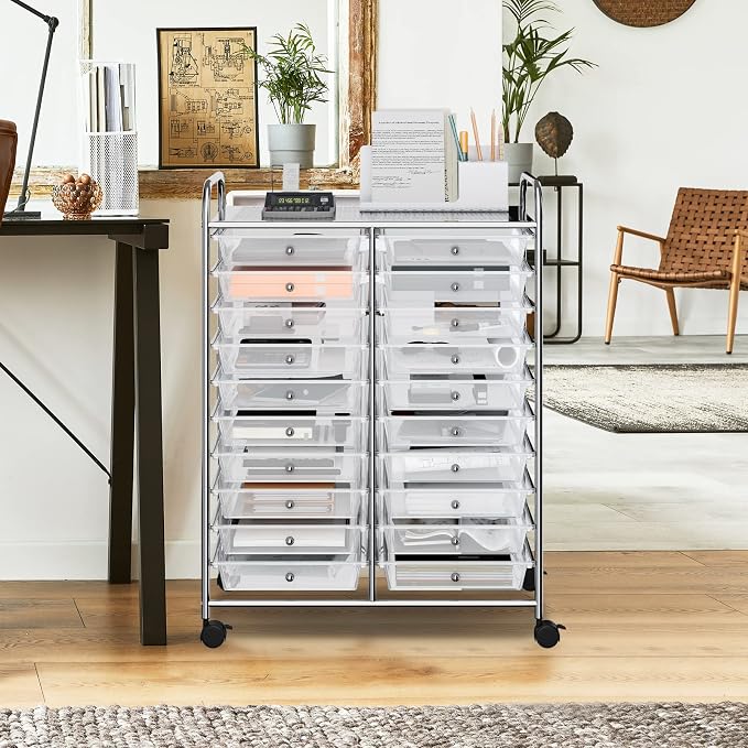 DREAMADE Rolling Cart with Storage Drawers, Utility Cart with Removable Plastic Drawers, Lockable Wheels, Art Cart for Classroom Organization Art Supplies Office Scrapbook (20 Drawers, Transparent)