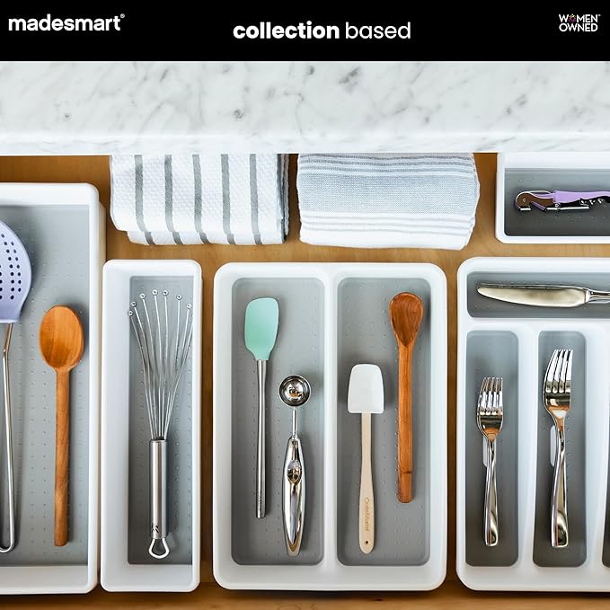 madesmart Premium Small Utensil Tray, Deep Storage for Ladles, Whisks & Serving Tools, Non Slip Lining, for Drawers & Home Organization, White