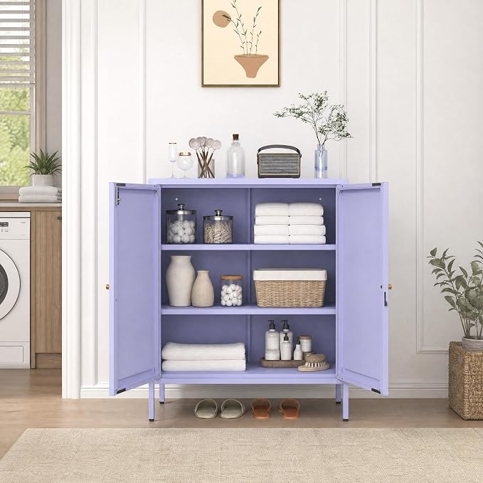 Lockable Metal Storage Cabinet with Adjustable Shelves, Multifunctional Versatile Storage Lockers, Durable Accent Sideboard for Entrance lingving Room Bathroom Purple 36" H X 31.5" W X 13.8" D