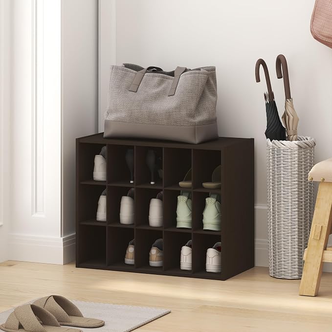 Furinno FANO 15-Cube Shoe Rack, Stackable Shoe Organizer, Dark Oak | 11.4 x 24.2 x 19.3, Shoes Storage, for Closet Entryway, Office, Garage
