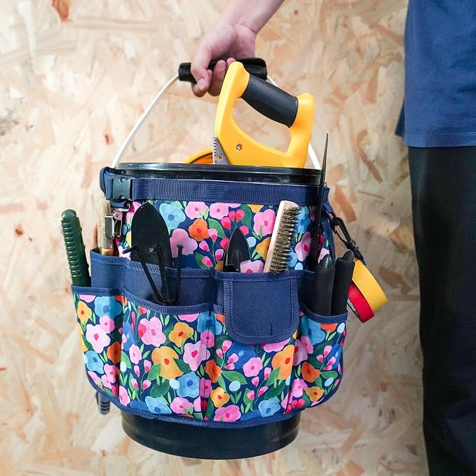 MELOTOUGH Bucket Caddy Organizer Bucket Tool Organizer for Garden Tools Fit 3.5 to 5 Gallon Bucket (Blue Flower)