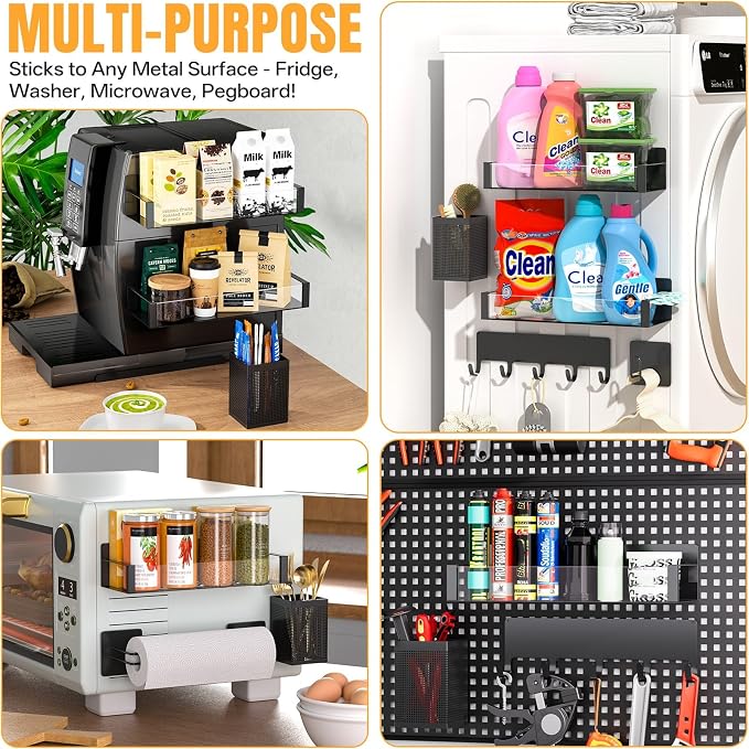DTUQYX Magnetic Spice Rack for Refrigerator, 8 Pack Clear Acrylic Front Metal Magnetic Shelves with Magnet Hooks Rack, Utensil Caddy & Adjustable Paper Towel Holder, No Drill Kitchen Storage Organizer