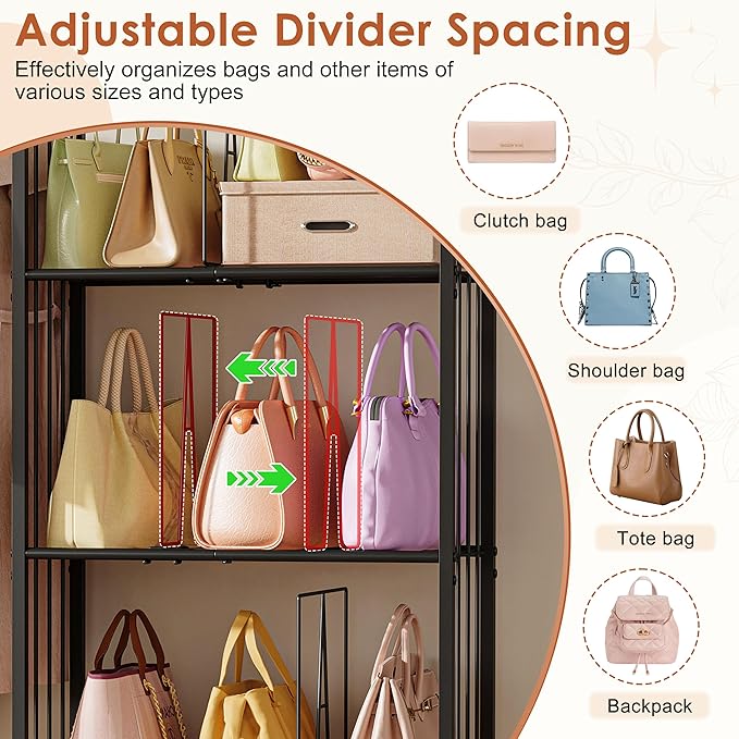 Honkazita 4-Tier Purse Storage for Closet with Adjustable Feet & Dividers, High Capacity Closet Purse Organizer for Small Place Iron & Wood Handbag Storage - Purse Organizer for Closet & Narrow Spaces