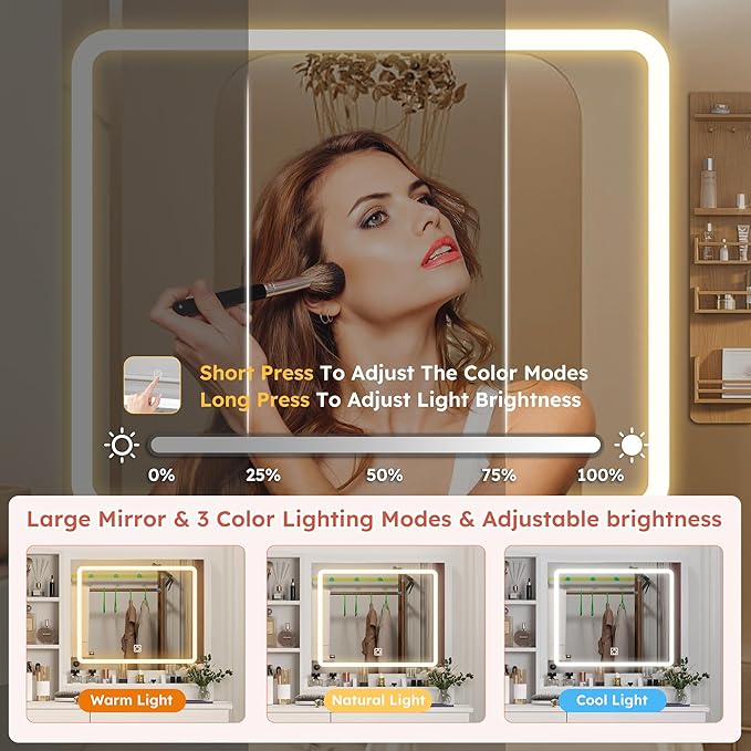 Makeup Vanity Desk Set with LED Lighted Mirror & Power Outlet, Makeup Vanity Table with 2 Drawers,1 Cabinet, Storage Bench,for Bedroom, Bathroom