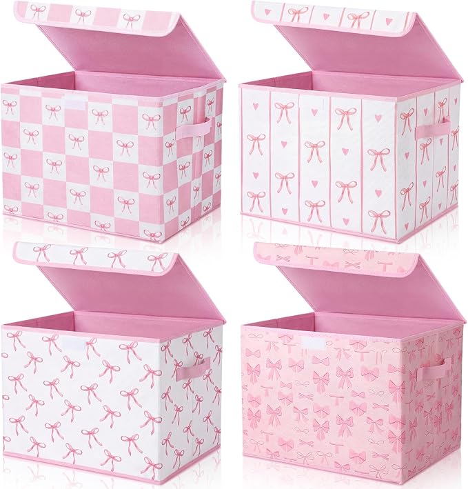 CHENGU 4 Pcs Pink Bow Storage Bin with Lid Large Fabric Pink Foldable Storage Box with Handles Cute Collapsible Cube Organizer Basket for Closet Home Bedroom Nursery Dorm Decor, 15.7 x 11.8 x 11.8''