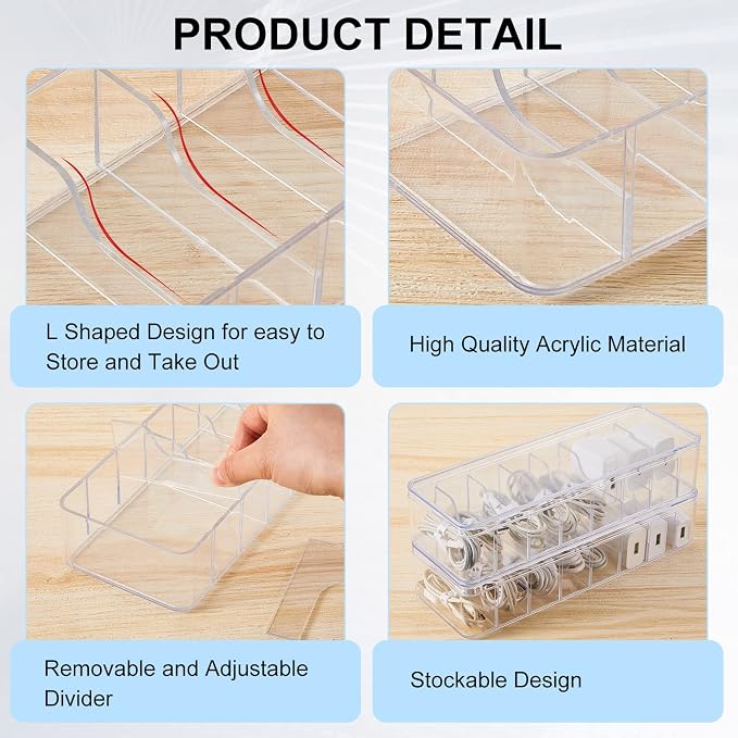 Tatuo 2 Pcs Cord Organizer for Drawer Desktop, Cable Organizer Box with 8 Compartments and Wire Ties, Plastic Charger Storage with Lid, Electronics Case for Home Office Accessories (Small,Clear)