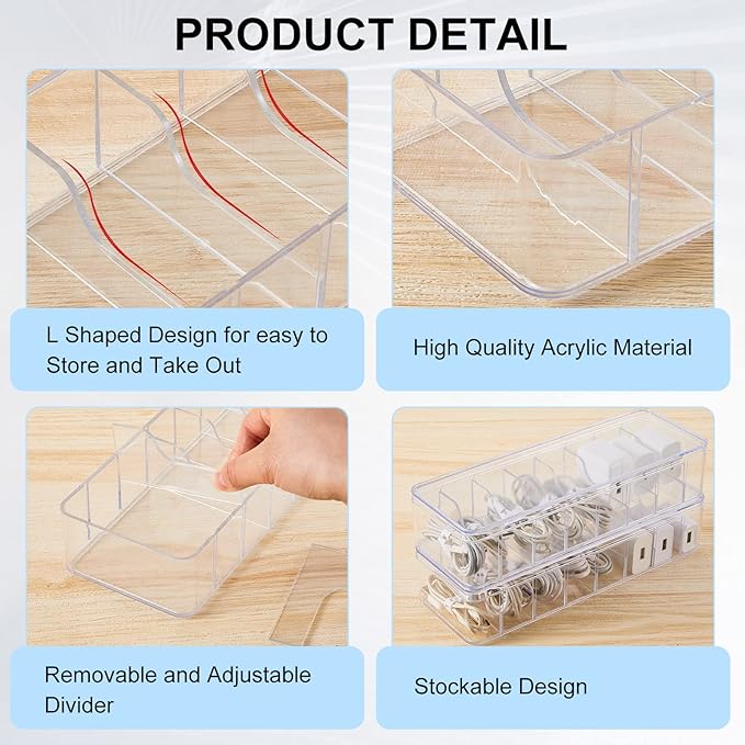 Tatuo 4 Pcs Cord Organizer for Drawer Desktop, Cable Organizer Box with 8 Compartments and Wire Ties, Plastic Charger Storage with Lid, Electronics Case for Home Office Accessories (Small,Clear)