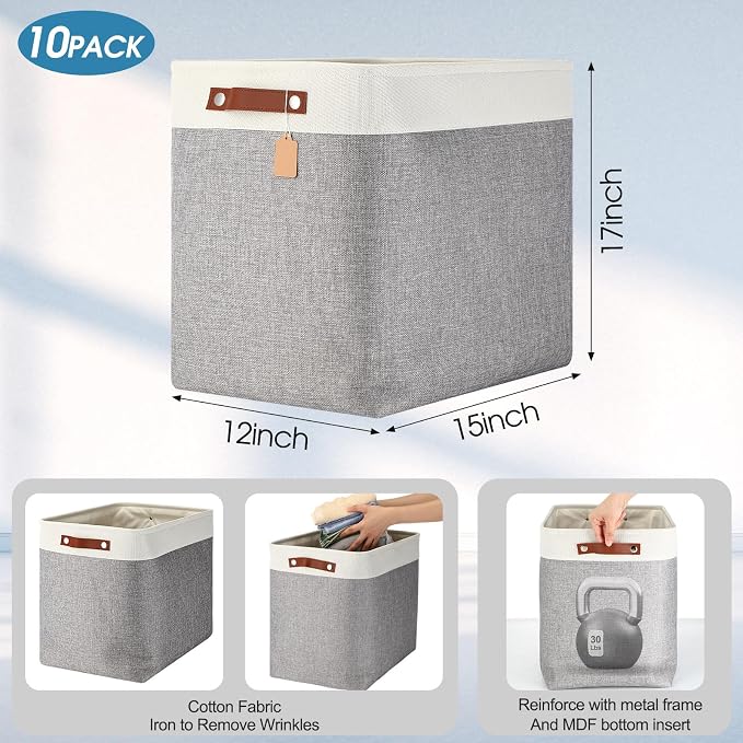 Uiifan 10 Pcs Collapsible Storage Bins Fabric Foldable Storage Basket with Handles Cloth Organizer Linen Shelf Baskets for Shelves Home Closet Nursery Toys(17 x 15 x 12 Inch,Gray and White)